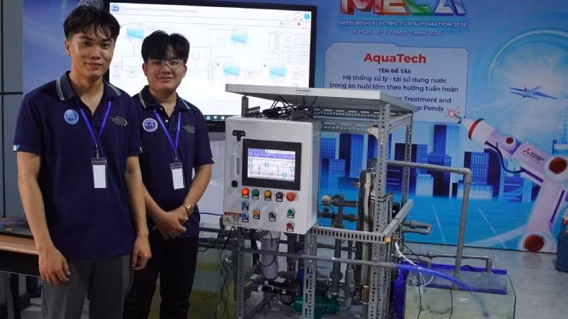 Đề tài "Hệ thống xử lý-tái sử dụng nước trong nuôi tôm theo hướng tuần hoàn" của nhóm sinh viên Đại học Trà Vinh giành giải Ba cuộc thi toàn quốc MECA-Mitsubishi Electric Cup Automation 2026.