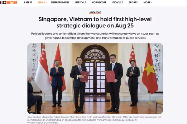 Trang AsiaOne đưa tin về chuyến thăm Singapore của Ủy viên Bộ Chính trị, Thường trực Ban Bí thư Trần Cẩm Tú. (Ảnh chụp màn hình)