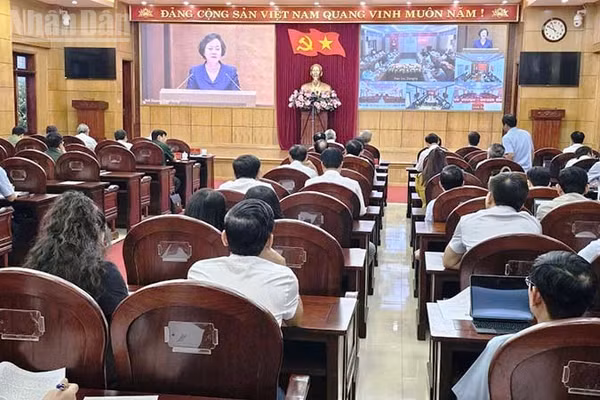 Quang cảnh hội nghị ở điểm cầu tỉnh Thanh Hóa. (Ảnh: Mai Luận)