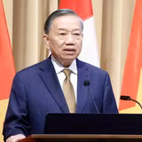 Tổng Bí thư, Chủ tịch nước Tô Lâm phát biểu chính sách "Quan hệ Đối tác chiến lược Việt Nam-Canada trong bối cảnh thế giới đầy biến động”. (Ảnh: TTXVN)