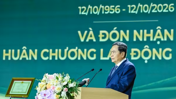 Chủ tịch Quốc hội Trần Thanh Mẫn phát biểu tại lễ kỷ niệm. (Ảnh: DUY LINH)