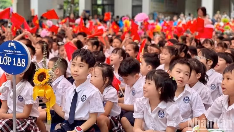 Học sinh lớp 1 Trường tiểu học Chu Văn An (Tây Hồ, Hà Nội) trong lễ khai giảng ngày 5/9/2025. (Ảnh: DUY LONG)