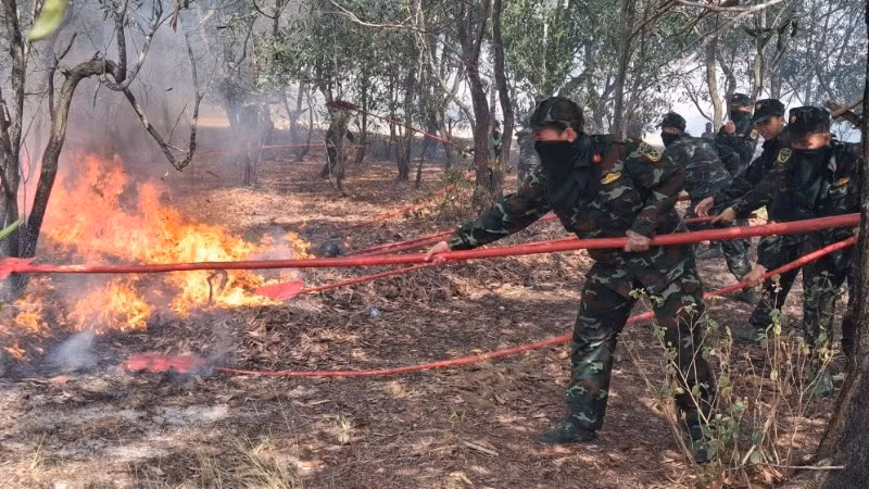 Lực lượng chức năng nỗ lực khống chế đám cháy tại xã Nam Cửa Việt.