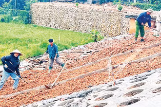 Công nhân Công ty TNHH tư vấn đầu tư và xây dựng Lâm Phúc thi công mái đập hồ chứa Trại Lần.