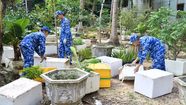 Cán bộ, chiến sĩ Bộ Tư lệnh Vùng Cảnh sát biển 4 xử lý các vật dụng đọng nước dễ phát sinh muỗi. (Ảnh: ĐỨC THÁI)
