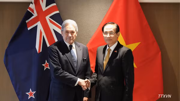 Ủy viên Bộ Chính trị, Bộ trưởng Bộ Ngoại giao Lê Hoài Trung và Bộ trưởng Ngoại giao New Zealand Winston Peters. (Ảnh: Diệu Linh/TTXVN)