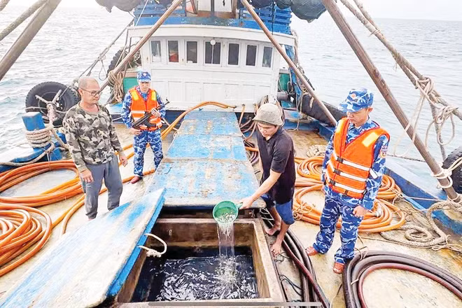 Lực lượng chức năng Bộ Tư lệnh Vùng Cảnh sát biển 4 kiểm tra tàu cá chở 100.000 lít dầu DO không có hóa đơn, chứng từ chứng minh nguồn gốc hợp pháp.