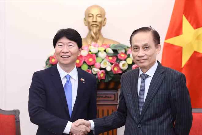 Bộ trưởng Bộ Ngoại giao Lê Hoài Trung tiếp Thống đốc tỉnh Okayama (Nhật Bản) Ibaragi Ryuta. (Ảnh: An Đăng/TTXVN)