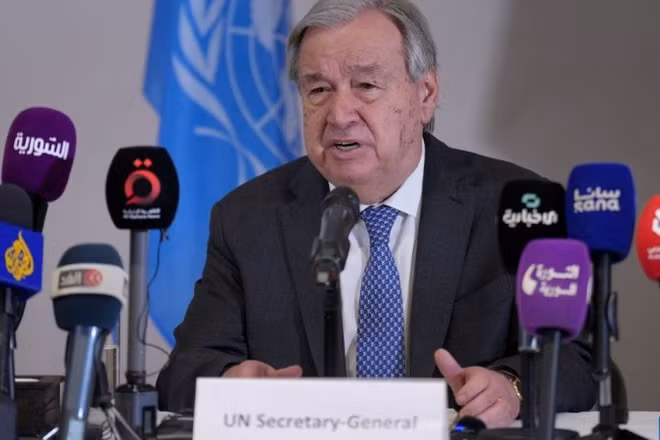 Tổng thư ký Liên hợp quốc Antonio Guterres tại cuộc họp báo trong chuyến thăm Syria, ngày 26/7/2026. (Ảnh: XINHUA)