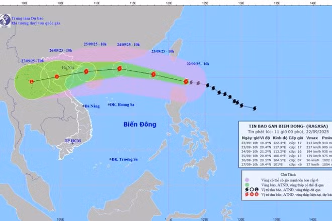 Siêu bão Ragasa có cường độ rất mạnh, phạm vi ảnh hưởng gió mạnh rất rộng, nhiều khả năng bão sẽ ảnh hưởng trực tiếp đến đất liền các tỉnh Bắc Bộ và Bắc Trung Bộ, tuy nhiên diễn biến của bão còn rất phức tạp. (Ảnh: Trung tâm dự báo khí tượng thủy văn quốc gia)