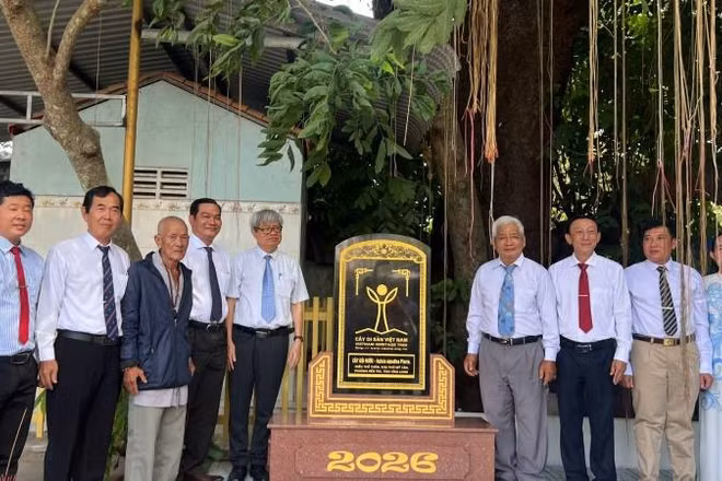 Đại biểu tham dự buổi lễ tháo biển công nhận cây gội nước là Cây Di sản Việt Nam.