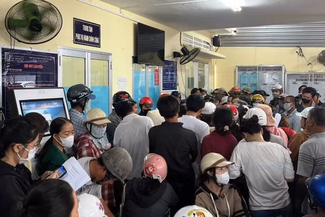 Người dân tập trung đến Ủy ban nhân dân xã Vĩnh Thành xin giấy xác nhận nguồn gốc hoa, cây cảnh vào sáng 5/2.