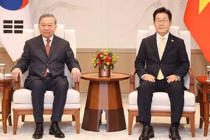 Tổng Bí thư Tô Lâm hội đàm hẹp với Tổng thống Hàn Quốc Lee Jae Myung. (Ảnh: TTXVN)