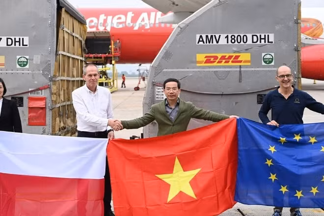 Lễ tiếp nhận lô hàng viện trợ nhân đạo của Chính phủ Ba Lan diễn ra tại sân bay Nội Bài ngày 28/12. (Ảnh: Đại sứ quán Việt Nam tại Ba Lan cung cấp)