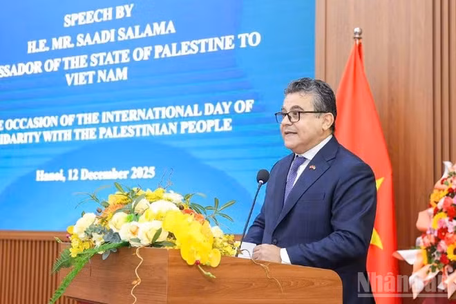 Đại sứ Palestine tại Việt Nam Saadi Salama phát biểu tại lễ kỷ niệm.
