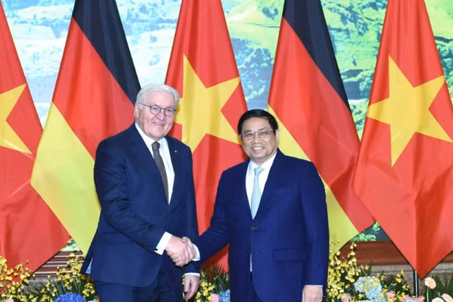 Sáng 24/1/2024, tại Văn phòng Chính phủ, Thủ tướng Phạm Minh Chính đón và hội kiến Tổng thống Cộng hòa Liên bang Đức Frank-Walter Steinmeier đang có chuyến thăm cấp Nhà nước tới Việt Nam. (Ảnh: TRẦN HẢI)
