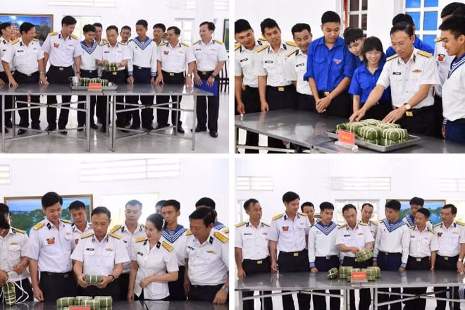 Chuẩn Đô đốc Ngô Văn Thành cùng các đại biểu tham quan sản phẩm tại hội thi. (Ảnh do Vùng 5 Hải quân cung cấp)