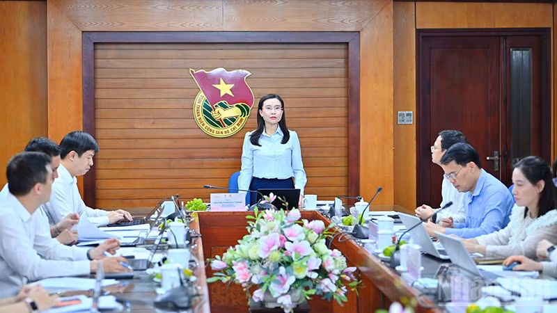 Bí thư Trung ương Đoàn, Chủ tịch Hội đồng Đội Trung ương Nguyễn Phạm Duy Trang, Chủ tịch Hội đồng xét chọn Giải thưởng "Cánh én hồng" năm 2026, Giải thưởng Kim Đồng năm học 2025-2026 thảo luận tại hội nghị.