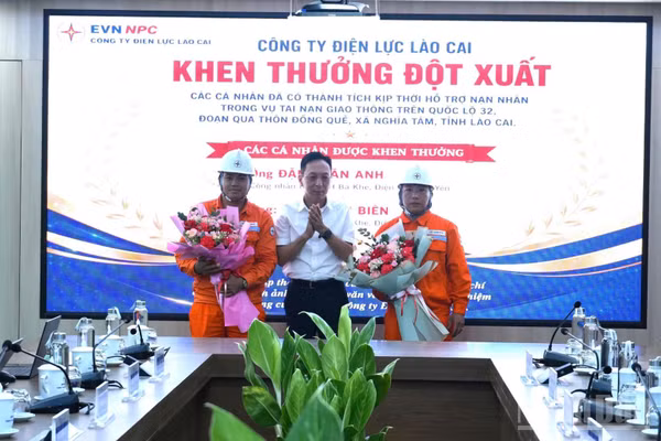 Lãnh đạo Công ty Điện lực Lào Cai trao quyết định khen thưởng đột xuất và biểu dương hai nhân viên có hành động đẹp giúp đỡ người gặp nạn. (Ảnh: Công ty Điện lực Lào Cai cung cấp)