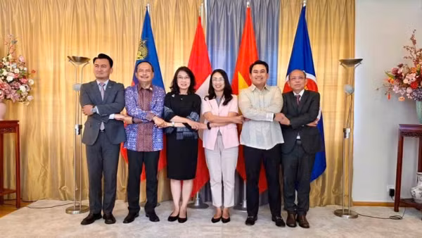 Đại sứ Châu Mai Anh (thứ 3 từ phải sang) và các Đại sứ, đại biện các nước ASEAN tại Thụy Sĩ chụp ảnh kỷ niệm. (Ảnh: Đại sứ quán Việt Nam tại Thụy Sĩ cung cấp)