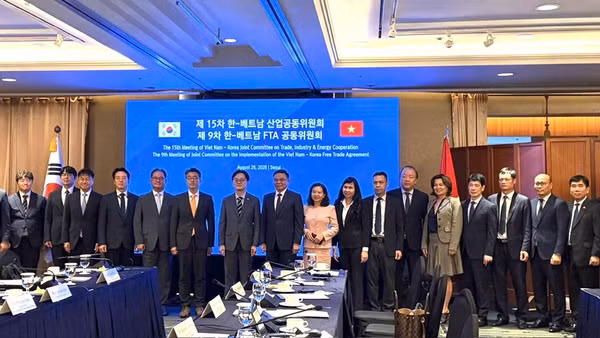 Đại biểu hai nước tham dự Kỳ họp lần thứ 15 Ủy ban hỗn hợp về hợp tác thương mại, công nghiệp và năng lượng Việt Nam-Hàn Quốc chụp ảnh kỷ niệm. (Ảnh: Đại sứ quán Việt Nam tại Hàn Quốc cung cấp)