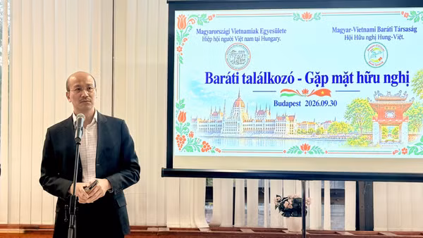 Đại sứ Bùi Lê Thái phát biểu tại buổi gặp mặt giao lưu. (Ảnh: Đại sứ quán Việt Nam tại Hungary cung cấp)