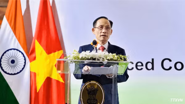 Ủy viên Bộ Chính trị, Bộ trưởng Ngoại giao Lê Hoài Trung phát biểu tại chiêu đãi kỷ niệm lần thứ 80 Ngày độc lập nước Cộng hòa Ấn Độ. (Ảnh: Việt Đức/TTXVN)