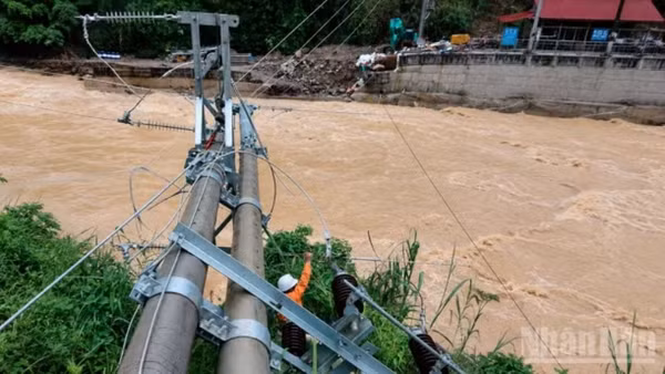 Điện lực Nghĩa Lộ tiếp cận hiện trường, đánh giá mức độ hư hỏng của cột điện trong điều kiện nước lũ dâng cao và dòng chảy xiết.