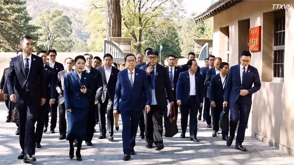 Chủ tịch Quốc hội Trần Thanh Mẫn và Đoàn đại biểu cấp cao Việt Nam tham quan Phòng họp Ban Bí thư tại Khu di tích Tảo Viên. (Ảnh: Doãn Tấn/TTXVN)