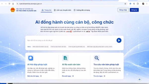 Giao diện AI công vụ do Công ty Cổ phần MISA và Công ty Cổ phần Truyền thông luật Việt Nam (LuatVietnam.vn) phát triển. (Ảnh: HÀ LINH)