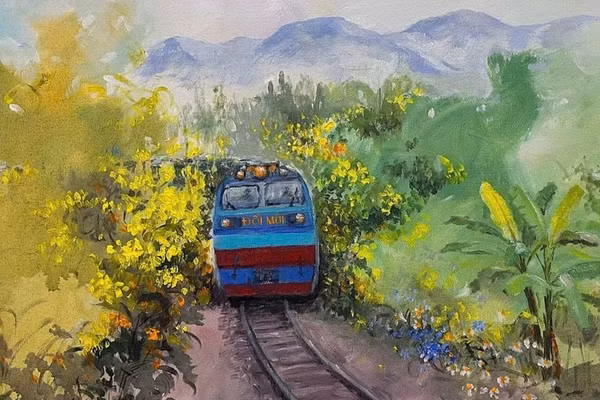 Tác phẩm "Đường tàu đường hoa" của họa sĩ Quỳnh Thơm. (Ảnh: NVCC)