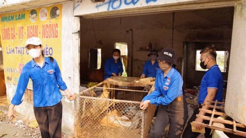 Hỗ trợ các hộ dân di dời đồ đạc, tháo dỡ các ki-ốt lấn chiếm hành lang giao thông và công trình thủy lợi ở xã Hưng Nguyên Nam. (Ảnh: TRẦN TRUNG HIẾU)