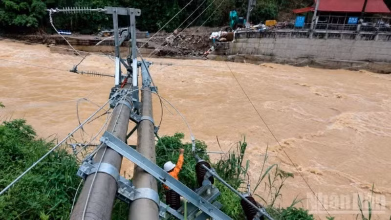 Điện lực Nghĩa Lộ tiếp cận hiện trường, đánh giá mức độ hư hỏng của cột điện trong điều kiện nước lũ dâng cao và dòng chảy xiết.