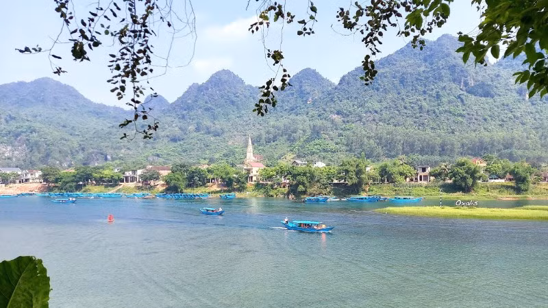 Thuyền đưa khách đi tham quan động Phong Nha.