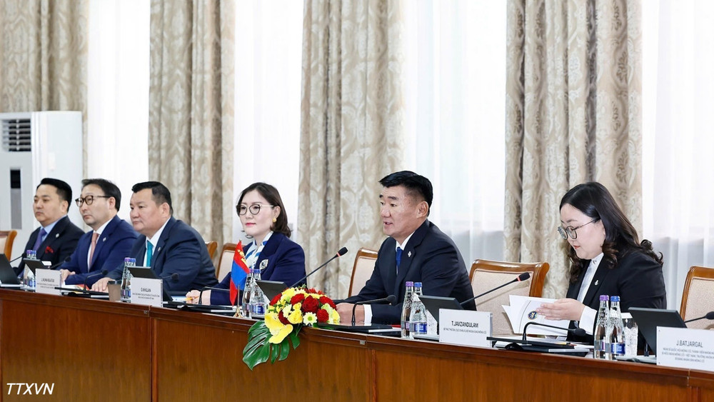 Chủ tịch Quốc hội Sandag Byambatsogt v&agrave; th&agrave;nh vi&ecirc;n đo&agrave;n M&ocirc;ng Cổ tại cuộc hội đ&agrave;m với Chủ tịch Quốc hội Trần Thanh Mẫn. (Ảnh: Do&atilde;n Tấn/TTXVN)