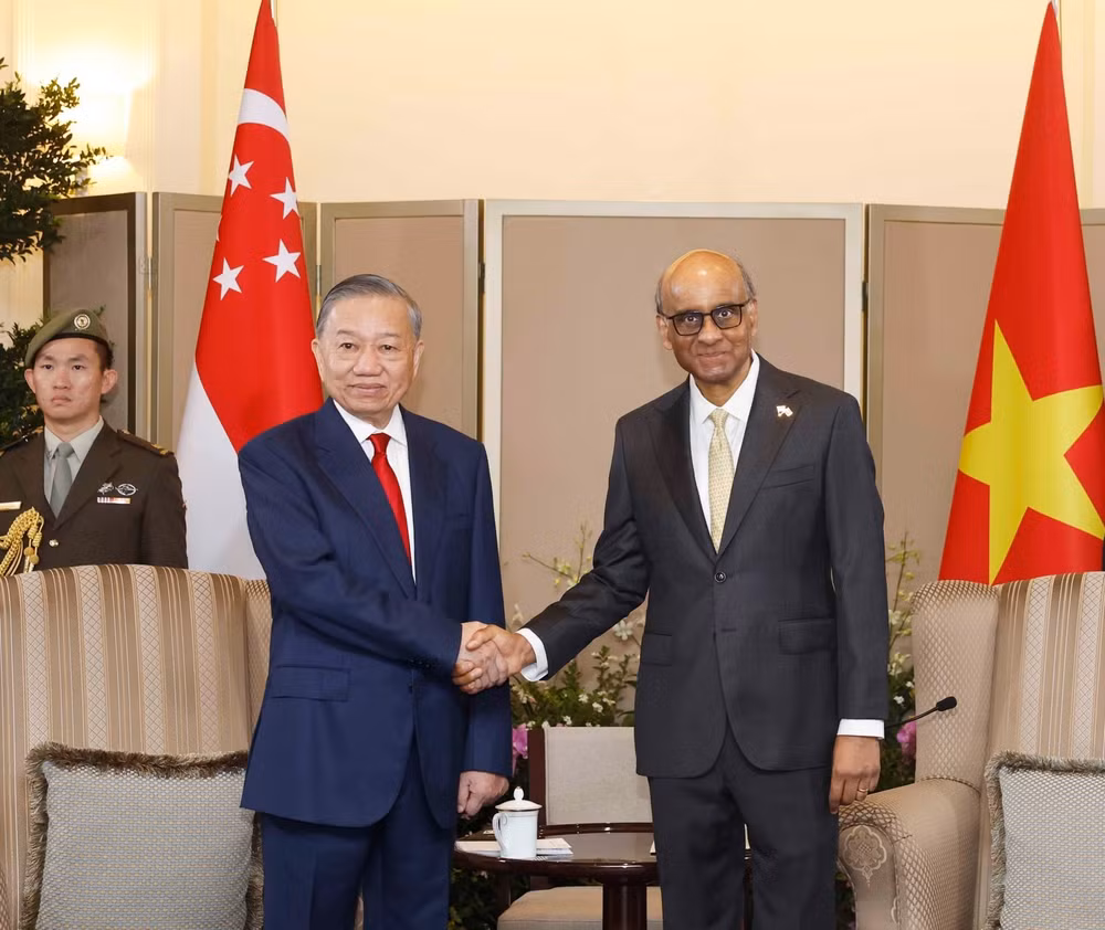 Tổng Bí thư, Chủ tịch nước Tô Lâm và Tổng thống Singapore Tharman Shanmugaratnam. (Ảnh: Thống Nhất/TTXVN)