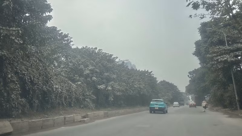 Tuyến đường gom Đại lộ Thăng Long (đoạn qua khu vực gần Thiên Đường Bảo Sơn) chìm trong lớp bụi dày đặc, mịt mù. Cây cối ven đường đổi sang màu trắng đục, phủ đầy lớp bột mịn. (Ảnh: THÙY LINH)