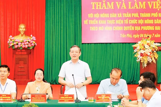Đồng chí Lương Quốc Đoàn phát biểu tại buổi làm việc với Hội Nông dân xã Trần Phú (Hà Nội).
