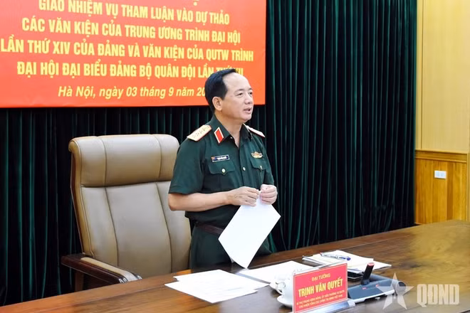 Đại tướng Trịnh Văn Quyết phát biểu định hướng nội dung trong tham gia đóng góp ý kiến tại Đại hội đại biểu Đảng bộ Quân đội lần thứ XII. (Ảnh qdnd.vn)