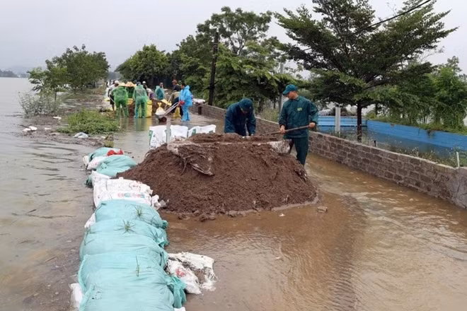 Lực lượng chức năng và người dân xã Trần Phú (Hà Nội) đắp đê chống tràn.