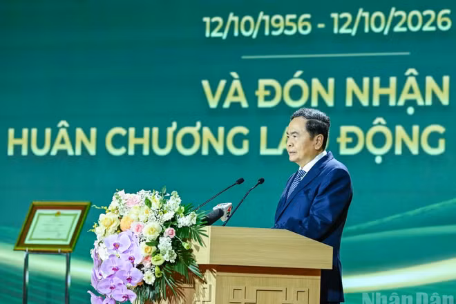 Chủ tịch Quốc hội Trần Thanh Mẫn phát biểu tại lễ kỷ niệm. (Ảnh: DUY LINH)