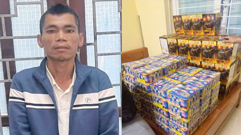 Đối tượng Đoàn Công Sơn và số pháo bị thu giữ.