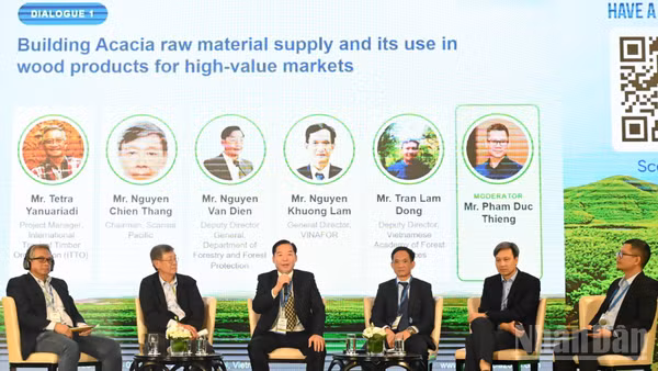 Các đại biểu tham gia Diễn đàn Kết nối nghiên cứu, công nghiệp và đổi mới sáng tạo trong chuỗi giá trị cây keo bền vững.