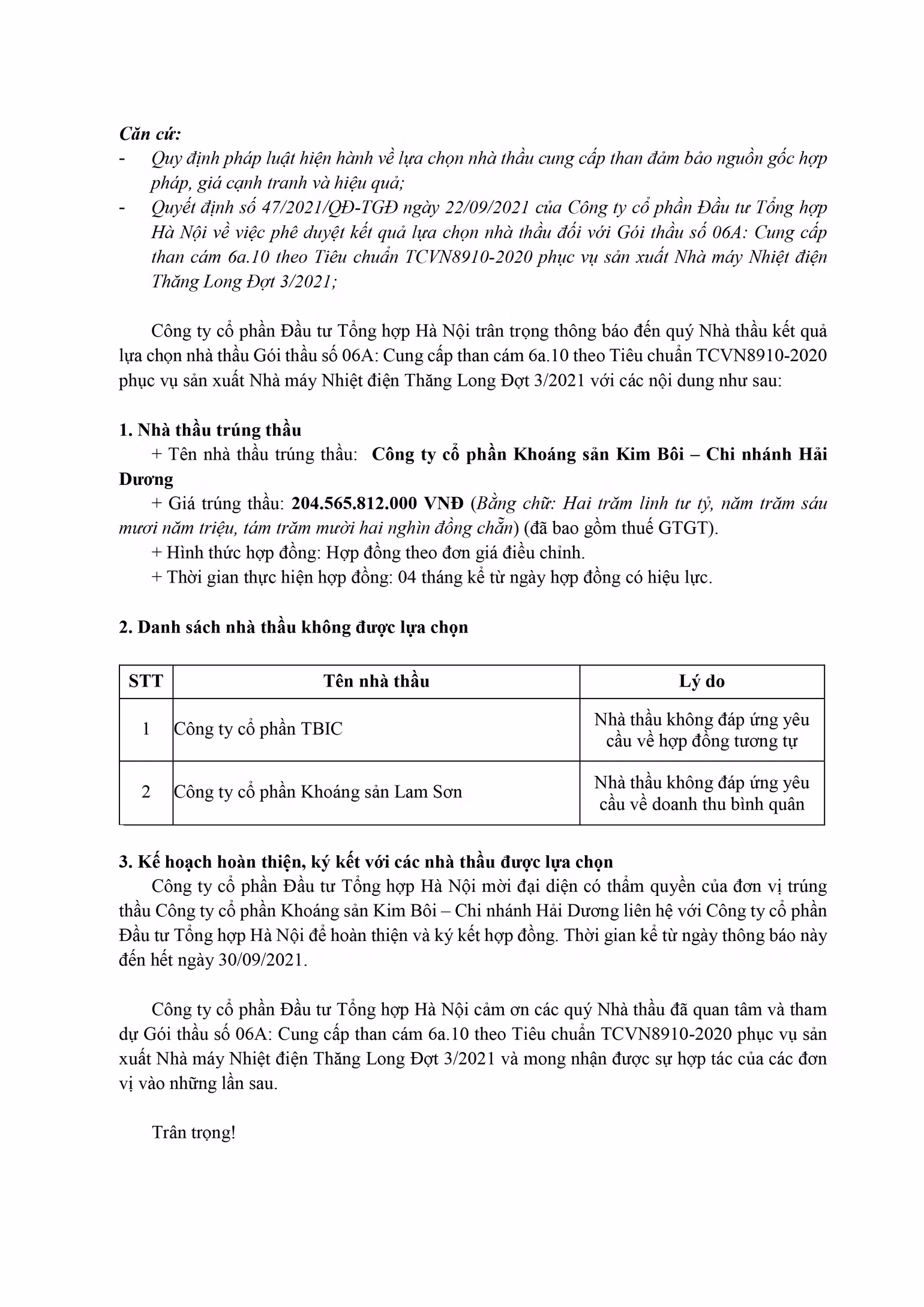 Thông báo kết quả lựa chọn nhà thầu -0