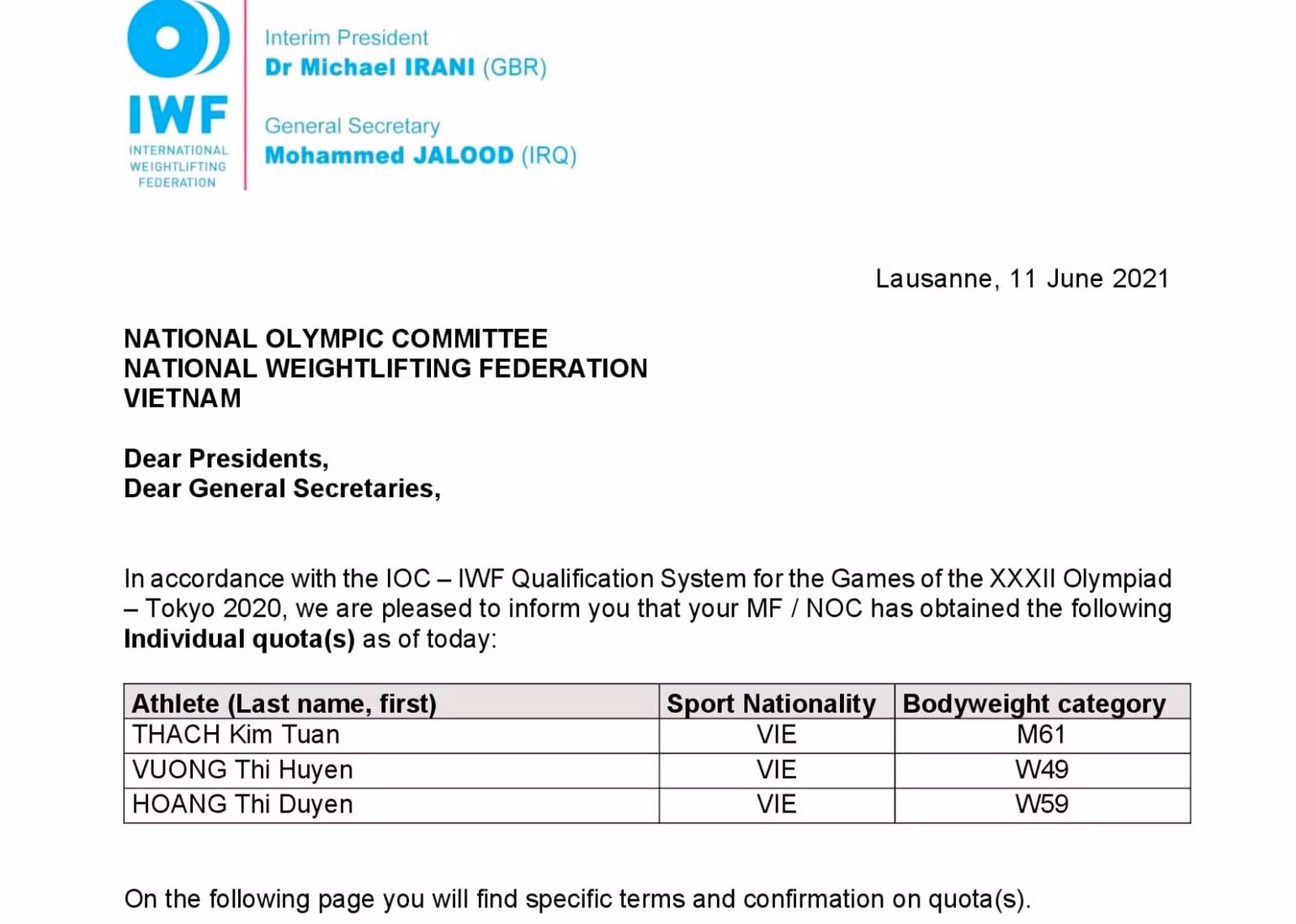 Thêm 3 suất từ cử tạ, Việt Nam giành 14 vé chính thức đến Olympic Tokyo -0