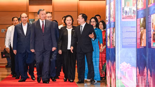 Tổng Bí thư, Chủ tịch nước Tô Lâm cùng các đồng chí lãnh đạo, nguyên lãnh đạo Đảng, Nhà nước tham quan trưng bày "Những tấm gương bình dị mà cao quý". (Ảnh: DUY LINH-TRẦN HẢI)