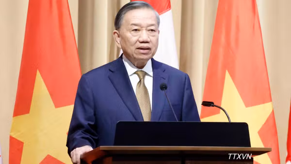 Tổng Bí thư, Chủ tịch nước Tô Lâm phát biểu chính sách "Quan hệ đối tác chiến lược Việt Nam-Canada trong bối cảnh thế giới đầy biến động”. (Ảnh: Thống Nhất/TTXVN)