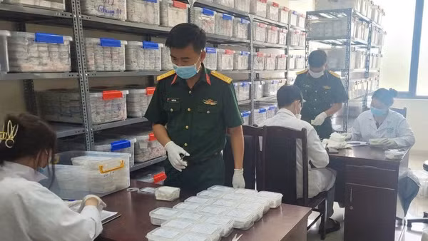 Đoàn công tác Bộ Chỉ huy quân sự thành phố Huế bàn giao mẫu hài cốt liệt sĩ cho Viện Hàn lâm Khoa học và Công nghệ Việt Nam. (Ảnh: LÊ SÁU)