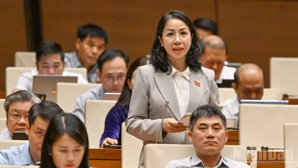 Đại biểu Phan Thị Thùy Linh (Đoàn Thanh Hóa) phát biểu tại hội trường. (Ảnh: THỦY NGUYÊN)