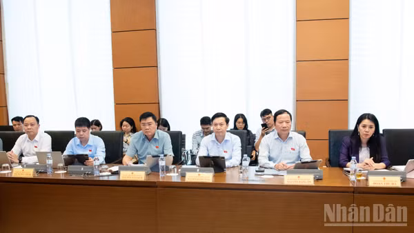 Đại biểu Quốc hội thảo luận tại tổ về dự án Luật sửa đổi, bổ sung một số điều của Luật Bảo hiểm xã hội. (Ảnh: DUY LINH)